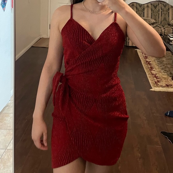 Lilyo Textured Stripe Flippy Skirt Mini Dress Red